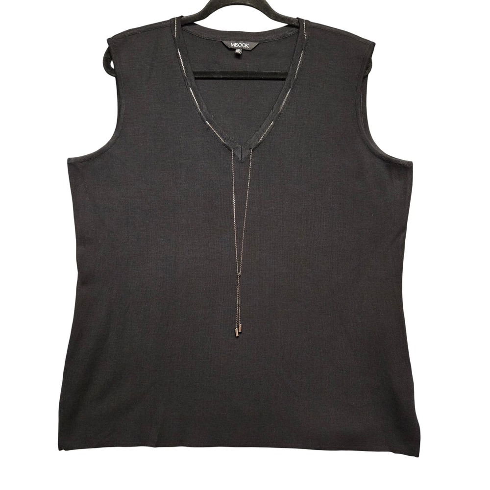 Misook Knit Tank Top Women XL‎ Black V-Neck Chain Trim Sleeveless Shell